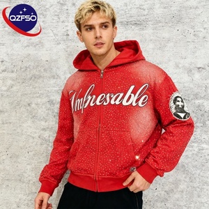 Sweat à capuche zippé QZFSO en molleton épais délavé, personnalisé, 100 % coton, style streetwear, imprimé, avec strass, pour homme - Product Image 1