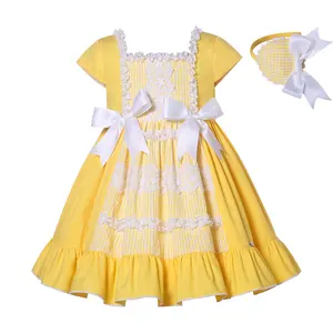 All'ingrosso pettiretta 2024 bambini nuovi abiti estivi in pizzo Casual a quadri gialli carini per ragazze festa di compleanno vestito di corrispondenza