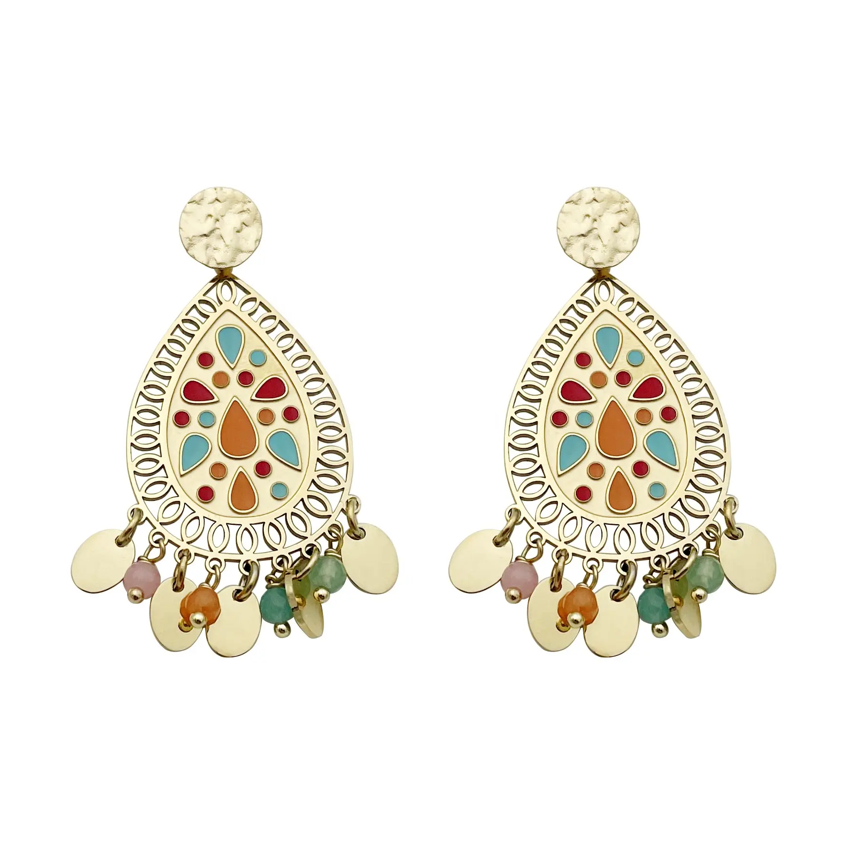 Best-selling Vintage Ethnic style Bohemian Drop earrings Colorful drop oil round piece fringe pendant earrings Spot wholesale
