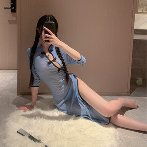 Sexy Hanfu Style Cheongsam Nightgown Women's Long Sheer Satin Lingerie With High Slit And Cross Front Design - Product Image 4