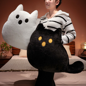 Minimalist Ghost <b>Cat</b> <b>Plush</b> Pillow Black White Cute Cartoon Kitten Stuffed Cushion Soft Sofa Decor Halloween Birthday Gift - Product Image 2