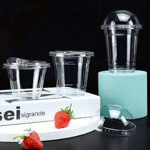Gobelets à thé Boba 93 mm en PET transparent jetables, capacité 10oz/12oz/350ml, fond plat, avec couvercle et manchon pour paille, pour boissons froides - Product Image 1