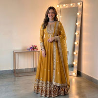 Robe Anarkali Salwar Kameez brodée jaune, costume pakistanais, dupatta en filet, manches longues, pour mariage ou fête