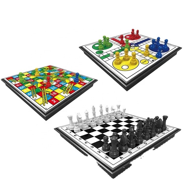 KSF 3 in 1 Educational Eco-friendly Magnetic Checkers Flight Chess Ladder Snake Set Board Games Chess for Kids Gift