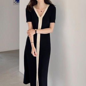 Abito lungo HANO donna estate stile coreano lavorato a <span class=keywords><strong>maglia</strong></span> sottile abito lungo <span class=keywords><strong>nero</strong></span> bianco Casual elegante Vintage manica corta - Product Image 5