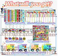 Bracelets slap, pailles, accessoires, porte-clés, mini-jouets train, autocollants, cadeaux et sachets de friandises pour fêtes d'enfants sur le thème du transport