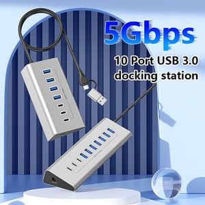 Hub USB-C 10-en-1 avec station d'accueil 36W, adaptateur 2-en-1 USB 3.0 et Type-C, transfert de données 5 Gbps, 7-en-1, compatible Windows/MacOS/Linux, câble 1m - Product Image 1
