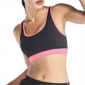 Women Black Pink Trim Sports Bra Scoop Neck Racerback Medium Support Yoga Workout Breathable <b>Top</b> Fitness Sports Bra - Product Image 1