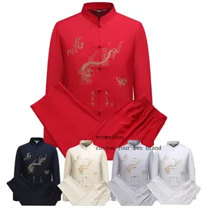 Ecowalson Chinese Traditionele Heren Tang Pak Sets Lange Mouw Broek Dragon Kung Fu Pak Hoge Kwaliteit Zijde Wu Shu Tai Chi