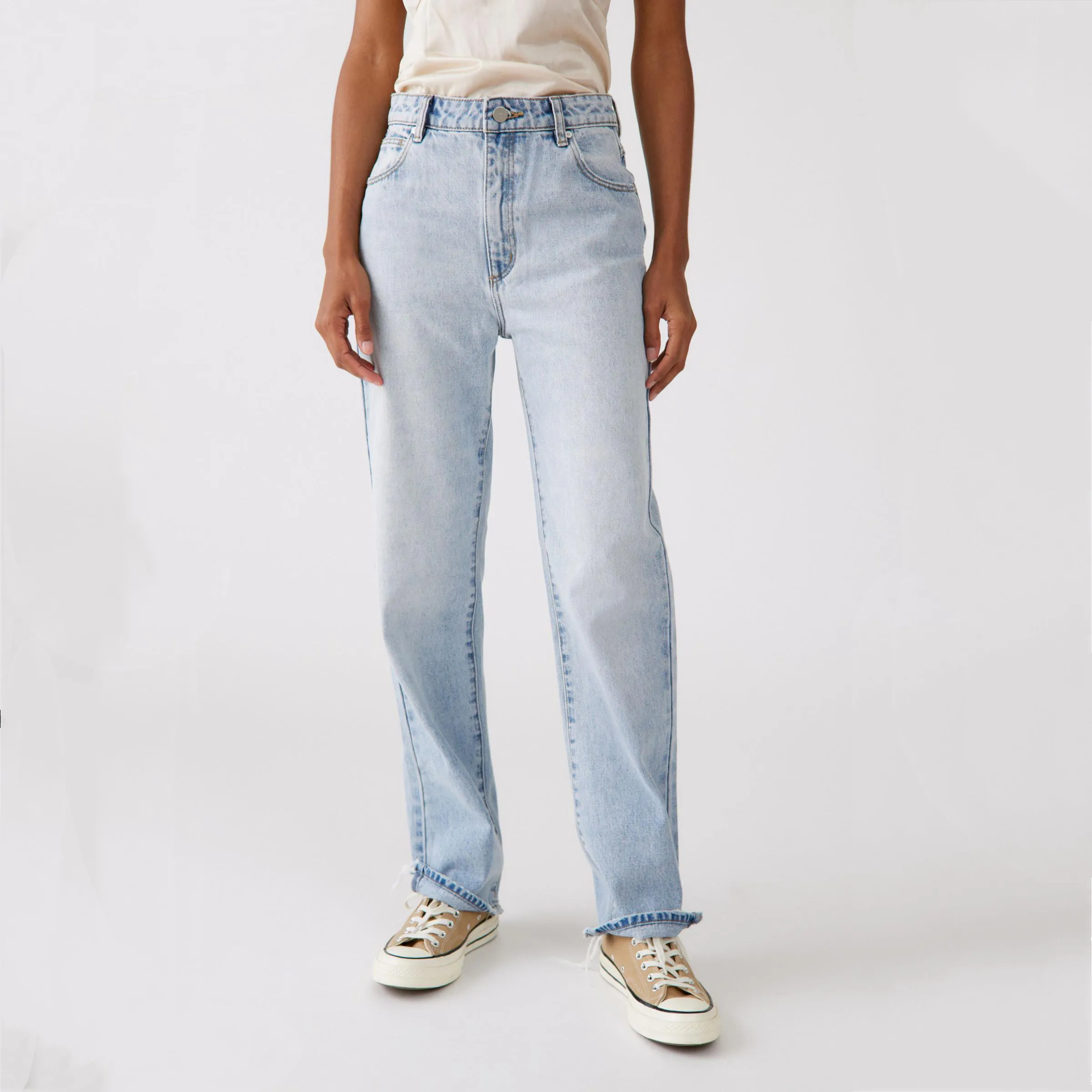Calça jeans feminina casual, calça jeans de cintura alta com perna reta