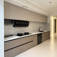 Solution de cuisine compacte avec meubles bas en bois grainé et armoires murales pleine hauteur pour la rénovation d'appartements modernes