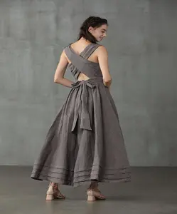 Robe longue bohème en lin à dos croisé avec ceinture pour fête ou toute occasion, grande taille - Product Image 1