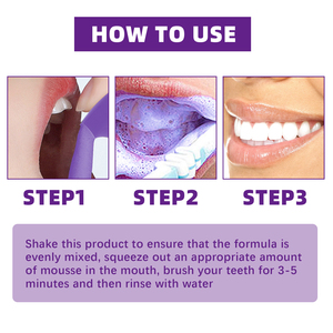 Etiqueta privada OEM Espuma Iluminadora Pasta de dientes púrpura Blancanieves Menta Mousse de dientes <span class=keywords><strong>V34</strong></span> Suero blanqueador de dientes - Product Image 5