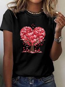 T-shirt da donna con stampa Heart Tree Crown, manica corta, girocollo, top casual, per feste di San Valentino, primavera, estate, autunno - Product Image 3