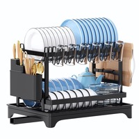 Égouttoir à vaisselle double couche pour cuisine, support de comptoir avec porte-tasses, boîte à couteaux/baguettes, bac à eau pour le rangement des bols/assiettes