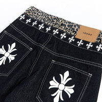 Jean pour femme YUANBOFEI en denim brut noir avec ceinture imprimée léopard, motif graphique croisé, coupe large, style Hip Hop Y2K Streetwear