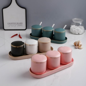 Kitchen bulk unique seasoning storage jar set wholesale ceramic spice jars with spoon