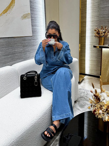 2025 donna europea e americana completo in Denim a maniche lunghe <span class=keywords><strong>con</strong></span> risvolto e cravatta <span class=keywords><strong>pantaloni</strong></span> a gamba dritta Set due pezzi - Product Image 2