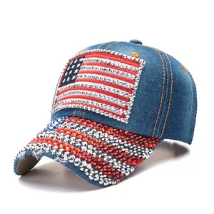 ホットセールラインストーンデニム野球帽アメリカ国旗ブリンブリンアウトドアハットユニセックス6パネルスポーツ野球帽