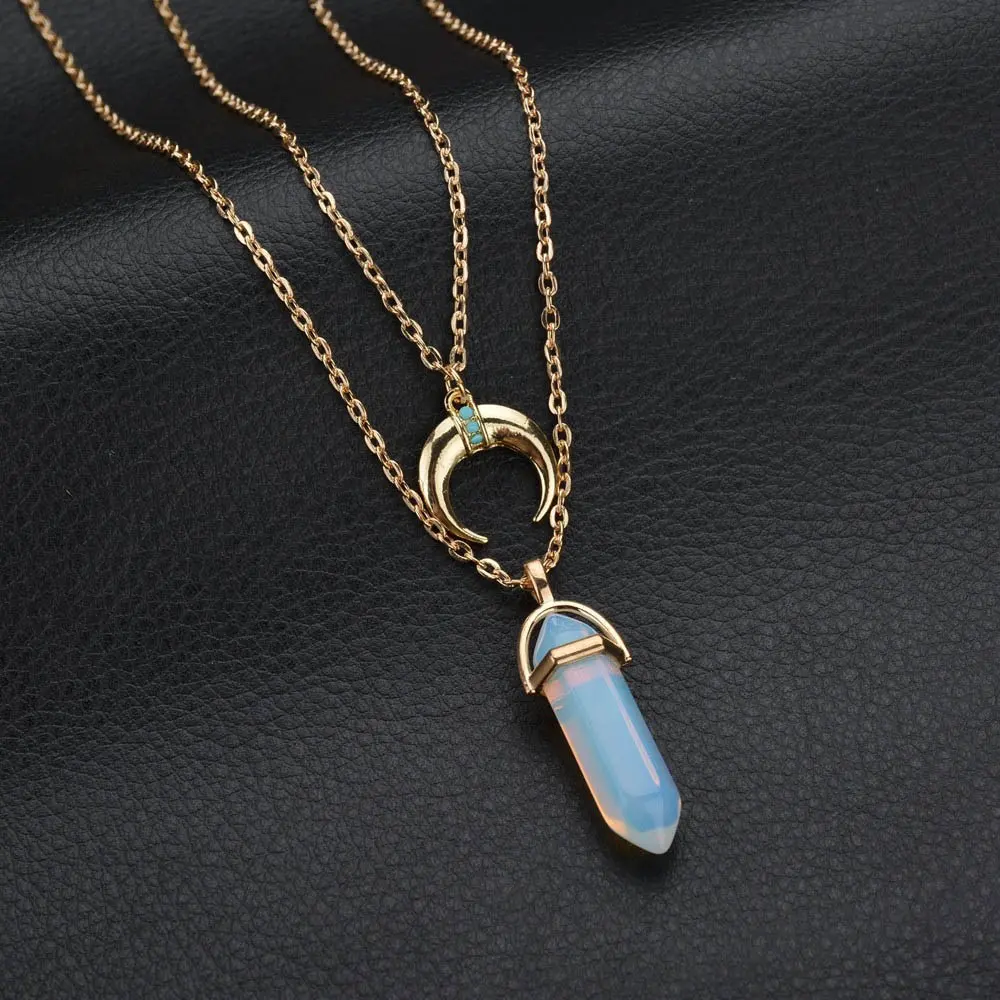 New Turquoise Double Gold Chain 6 Colors Stone Pendant Moon Charm For Young Man Popular Necklace for Women