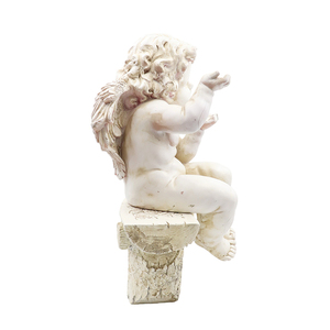 Statua in Resina di Cherubino che Saluta da una Panchina, Bianco Antico, Piccola Figurina d'Angelo, Scultura Decorativa per Giardino - Product Image 5