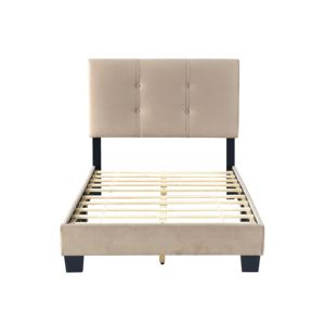 DB, 1 pieza, cama de plataforma doble tapizada de terciopelo marrón claro, cabecero de altura ajustable, botón, muebles de dormitorio de madera maciza con mechones - Product Image 3
