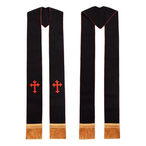 Étole noire pour clergé avec broderie croix rouge et pompons pour prêtres, pasteurs, moines, en coton et polyester, collection Printemps 2025 - Product Image 1