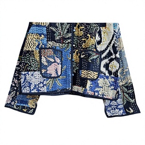 Quilted <b>Jacket</b> <b>Women</b> Mandarin Collar Three Quarter Sleeve Geometric Print Cotton Autumn Outerwear Hand Embroidered gift for her - Product Image 3