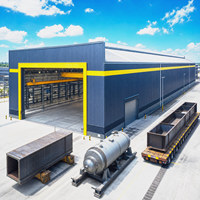 Centre d'activités industrielles à structure métallique à toit à pignon, avec poteau central et gouttière longitudinale, complexe d'entrepôts d'usine à deux niveaux
