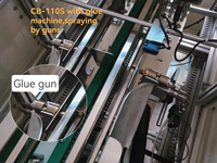 Machine automatique de distribution et de scellage de colle thermofusible pour boîtes intérieures, idéale pour l'emballage de biscuits, gâteaux et cartons.