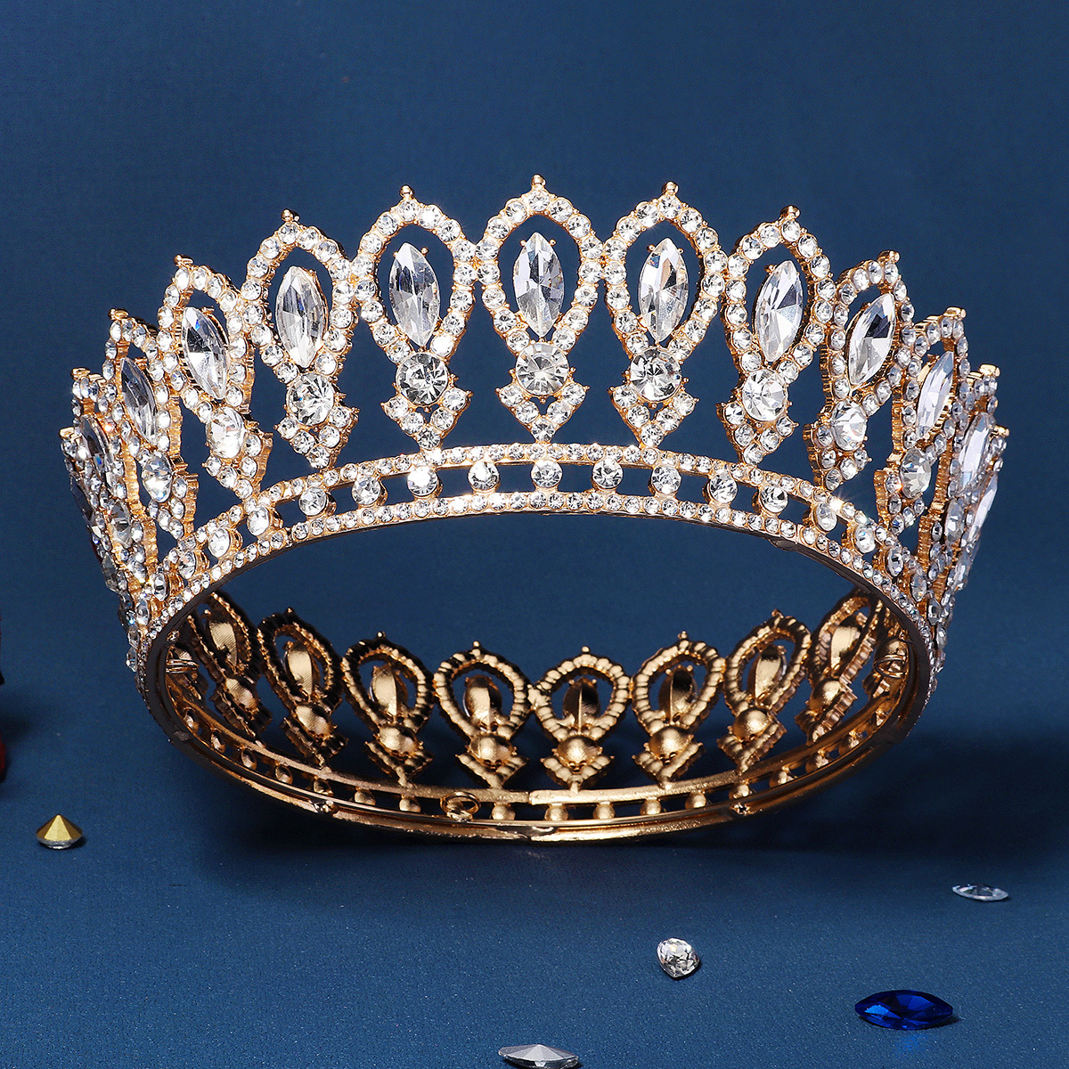 Baroque Round Gold Luxury Pageant Rhinestone Crystal Tiaras