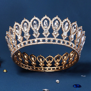 Diademas barrocas redondas de oro para desfile, tiara de cristal con diamantes de imitación, moldura de corona para rey Queens y novia - Product Image 1