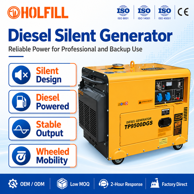 Heavy Duty Portable Silent Diesel Generator with Stable Output and Wheeled Enclosure for Construction Emergency Backup Projects