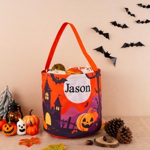 Cubo de dulces personalizado para Halloween con asa, cesta redonda de calabaza de terror, bolsa portátil de almacenamiento con LED para niños - Product Image 3