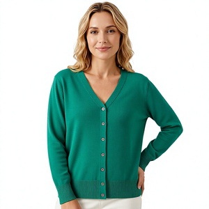 Cardigan en laine tricotée vert à col en V pour femme, boutonné, style vintage, décontracté, coupe ample, en coton, à manches longues, pour l'automne - Product Image 1