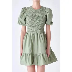 Round Neck Solid Color Short-Sleeved Dress Pleated Woven Loose Mini With Bubble Sleeves Casual Cover-Up Shirt Smock Dress