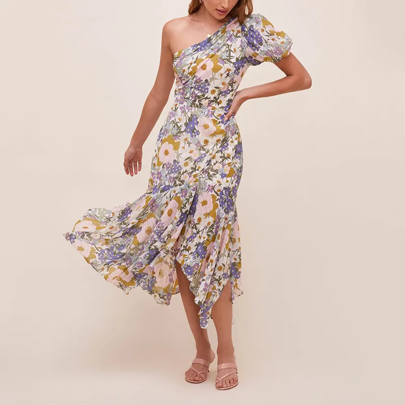 Boho Retro-inspired Floral Print One Shoulder Midi Dress Beach Dress With Chic Puff Sleeve