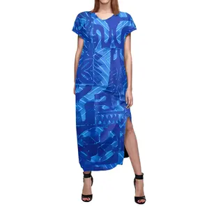 Polynesian Elei Tribal Design Benutzer definierte Damen V-Ausschnitt Tribal Tatau Lange Maxi kleider Kurzarm Frauen Schlitz Kleider Mit Taschen