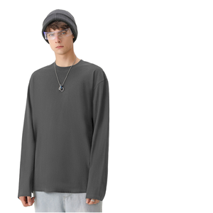 T-shirt à manches longues pour homme, col rond, couleur unie, tricoté, de haute qualité, épais, surdimensionné, décontracté, personnalisable avec logo, vente en gros - Product Image 1