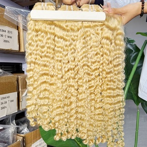 网上商店613金发缅甸卷曲双拉人发延伸波未加工双纬人发束 - Product Image 1