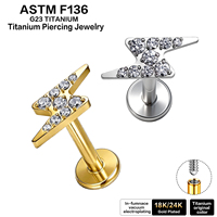 Piercing Labret en Titane G23 ASTM F136 à Filetage Interne, Motif Éclair Pavé de Zircons Cubiques, pour Tragus, Cartilage, Lèvre, Bijou de Corps Plaqué Or