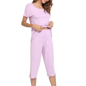 Conjuntos de Pijamas Personalizados de Color Sólido Cómodos para Mujer, Estilo Americano y Europeo, Pijamas de Bambú y Algodón - Product Image 4