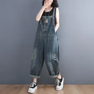 Vintage yırtık rahat gevşek geniş bacak askıları Denim tulum kadın kargo Baggy Bib pantolon tulum kadın kot tulum