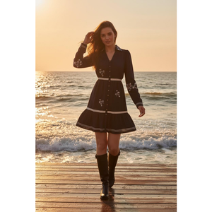 Robe boutonnée vintage marron pour femmes, broderie florale, robe longue à manches longues pour l'automne - Product Image 3