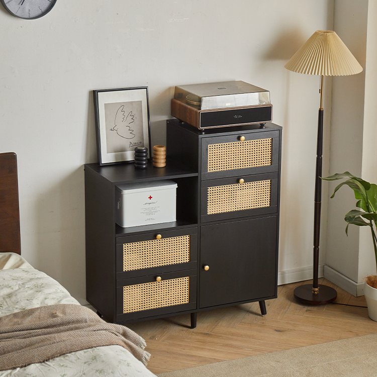 black rattan dresser Benzara 31 Inch Dresser Chest Cabinet, 3 Drawers, Woven Rattan, Modern,  Black, Gold - BM285092