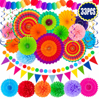 Lot de 33 décorations de fête Fiesta en gros : éventails en papier colorés, pompons, guirlandes et spirales suspendues pour fête à thème mexicain