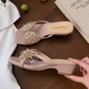 2026 Nude Genuine Leather Slide Sandals Women Square <b>Toe</b> Medium Low Wedge Heel Comfort Outdoor Slippers Elegant Leg Lengthening - Product Image 3