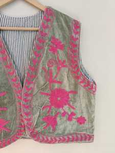 Classic Art Craft Handmade Eco-Friendly Reversible Breathable Velvet Bomber <b>Jacket</b> Suzani Embroidery <b>Short</b> <b>Sleeve</b> Boho Floral - Product Image 4