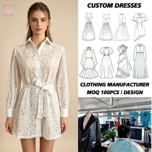 Robe chemise en dentelle blanche pour femme, manches longues, col boutonné, mini-robe avec lien à nouer - Product Image 1