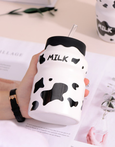 Tazas de Cerámica para Chocolate Caliente con Diseño de Vaca, Tazas Bonitas para Café, Tazas Personalizadas con Logotipo, Tazas para Té con Leche con Tapas de Cúpula y Pajitas - Product Image 1